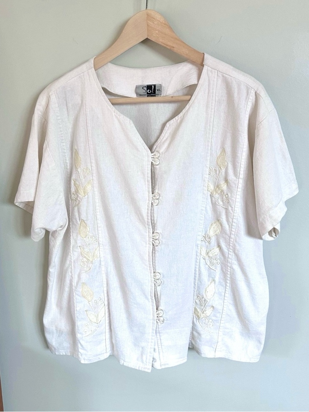 Sol Mexico XL Linen Rayon Embroidered Blouse White Floral Vintage